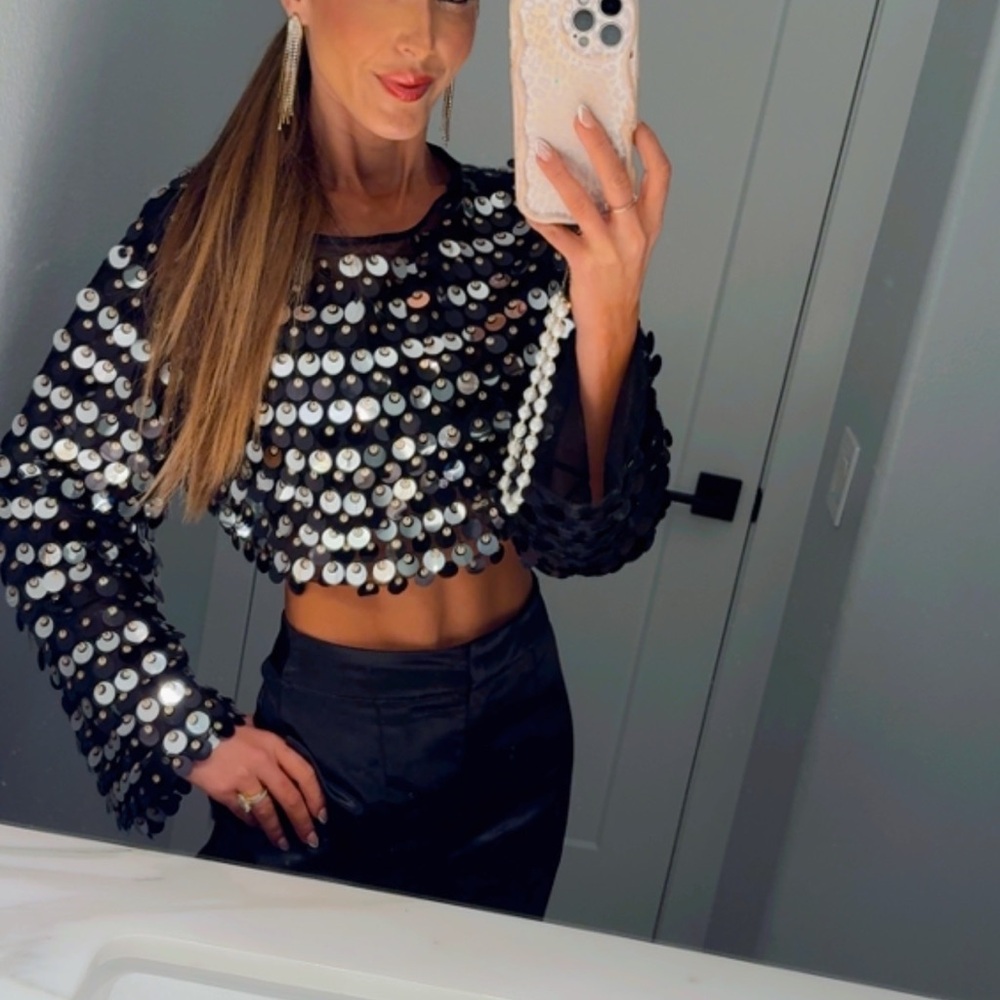 REVOLVE Black and Gold Sequin Crop Top